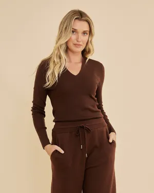 Aire Merino Knit V Neck Top - Chocolate