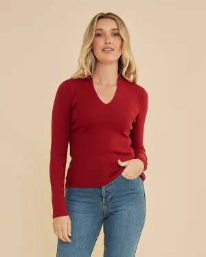 Aire Merino Knit V Neck Top - Red