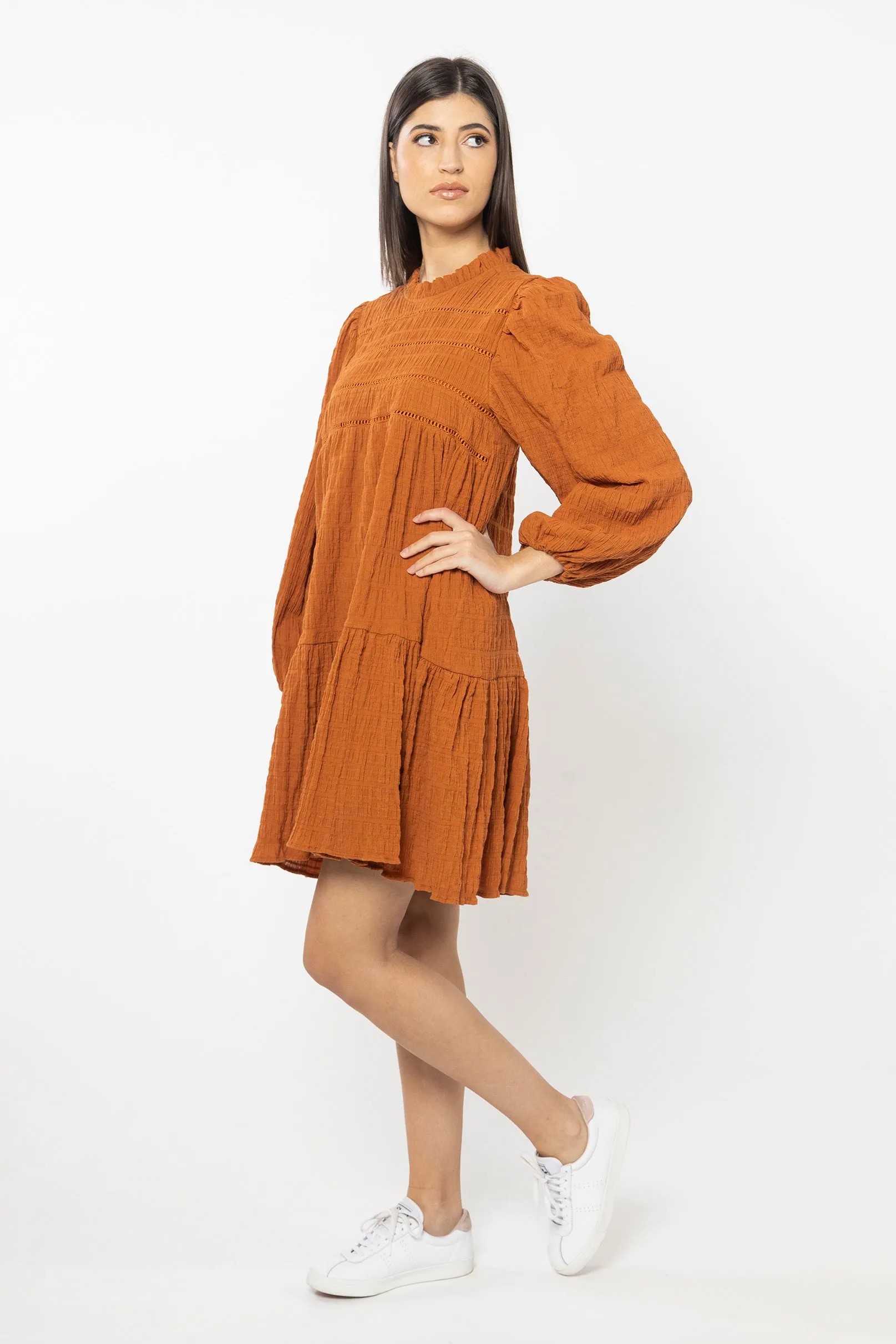 Desire Cinnamon Shirred Cotton Ls Frill Hem Dress