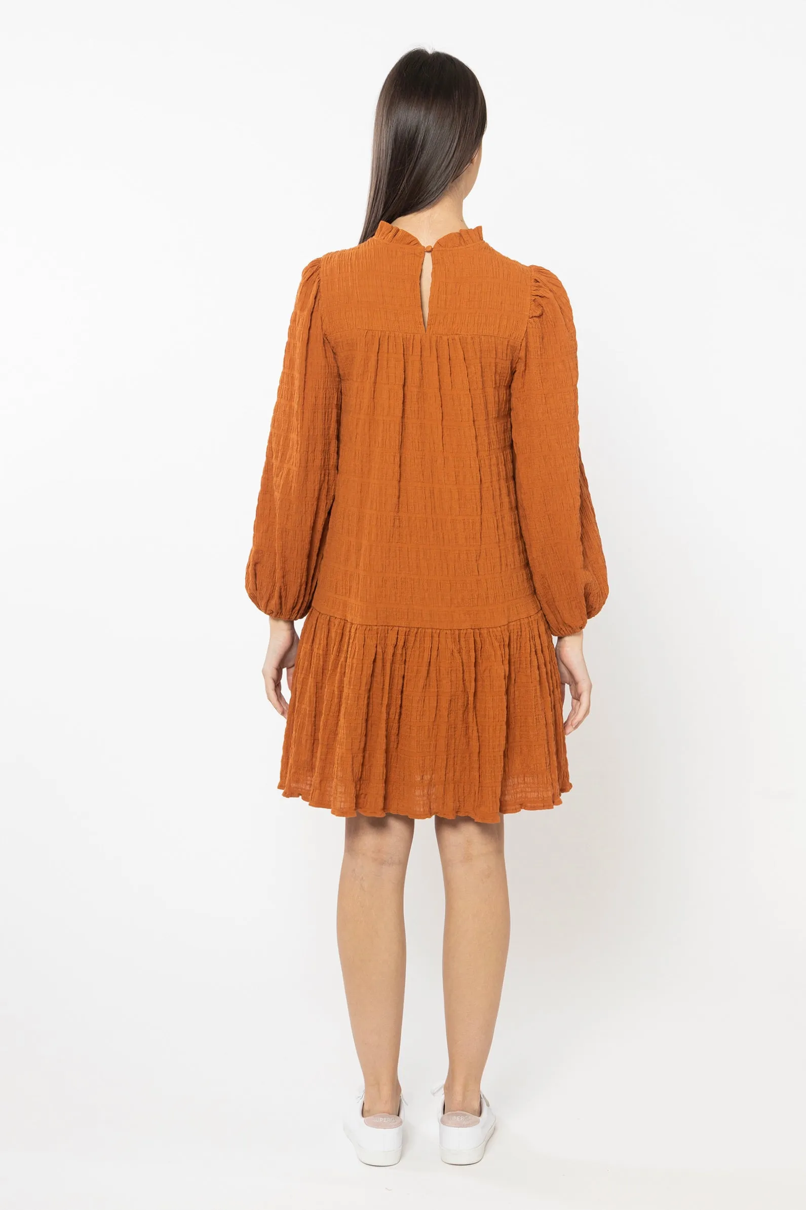 Desire Cinnamon Shirred Cotton Ls Frill Hem Dress