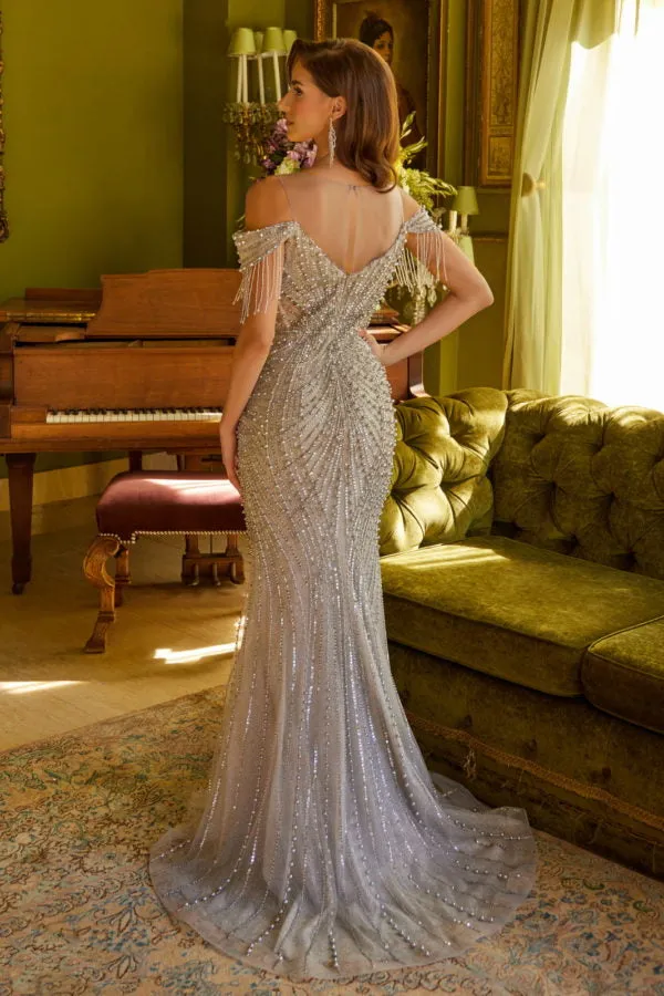 Fitted Long Formal Beaded Sequin Prom Dress