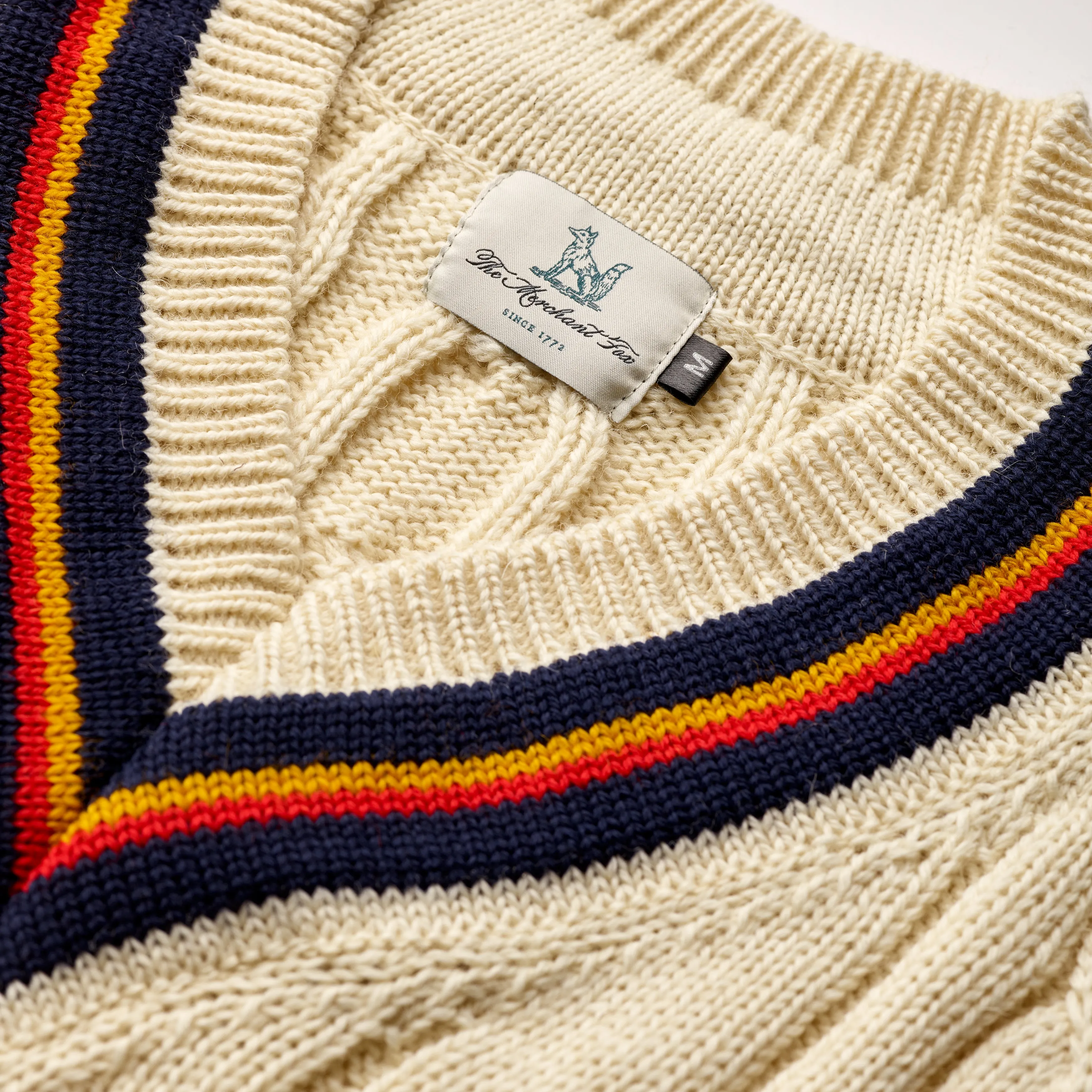 Fox Cricket Club Ecru Sweater with Navy. Sun Yellow & Red Stripes