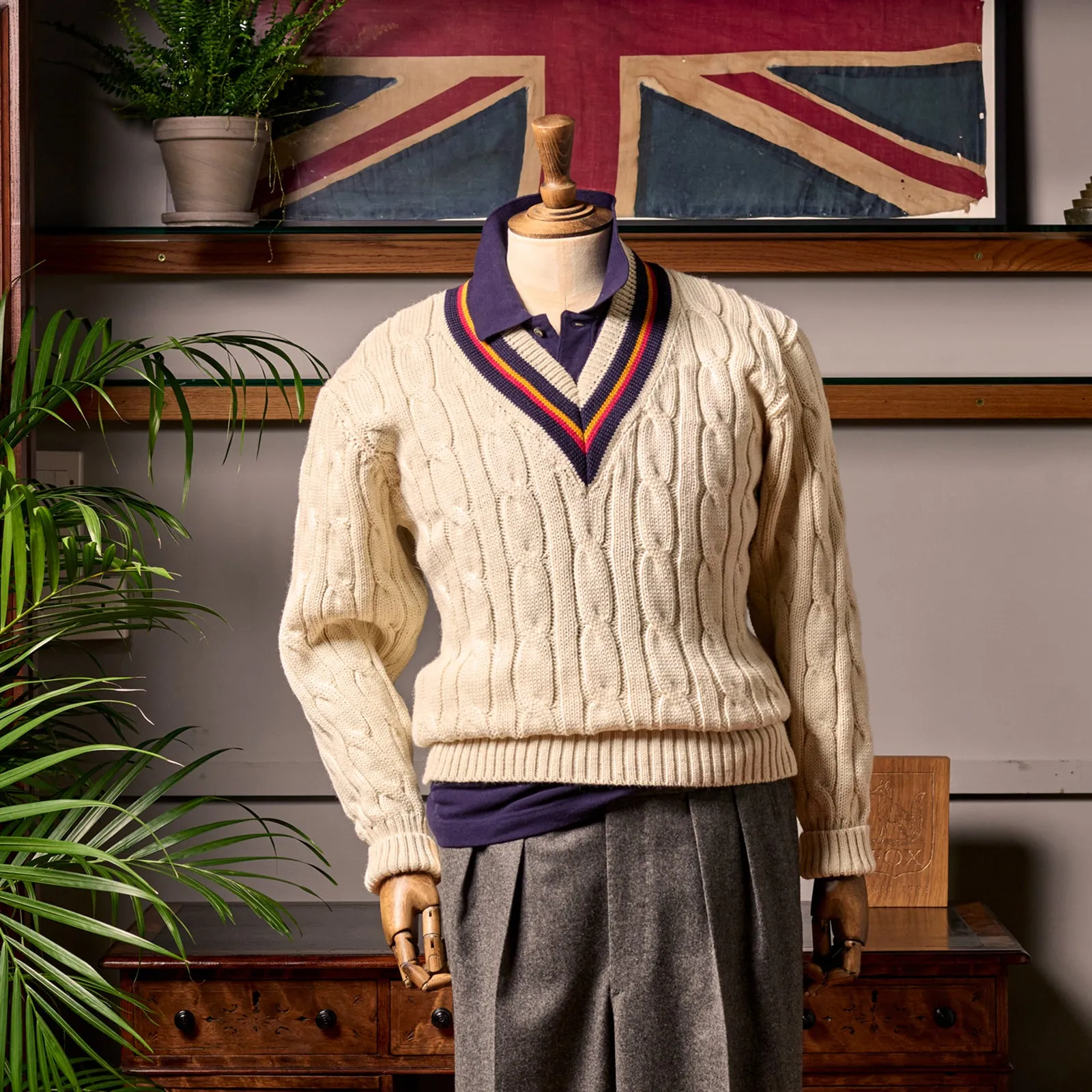 Fox Cricket Club Ecru Sweater with Navy. Sun Yellow & Red Stripes