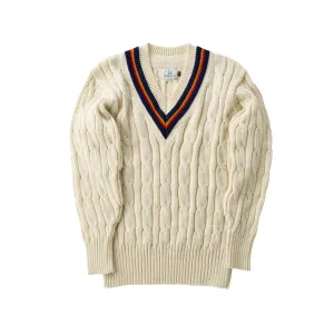 Fox Cricket Club Ecru Sweater with Navy. Sun Yellow & Red Stripes