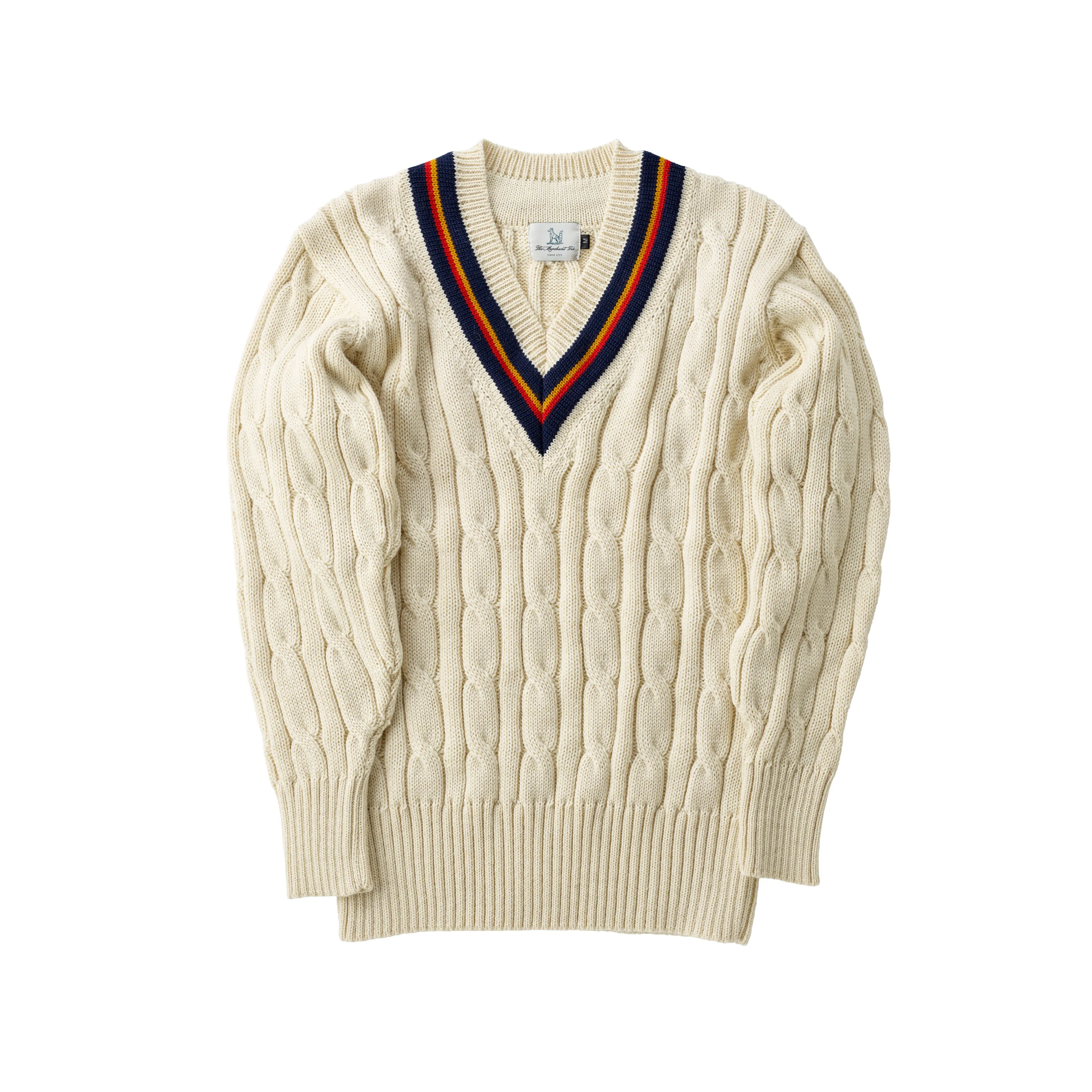 Fox Cricket Club Ecru Sweater with Navy. Sun Yellow & Red Stripes