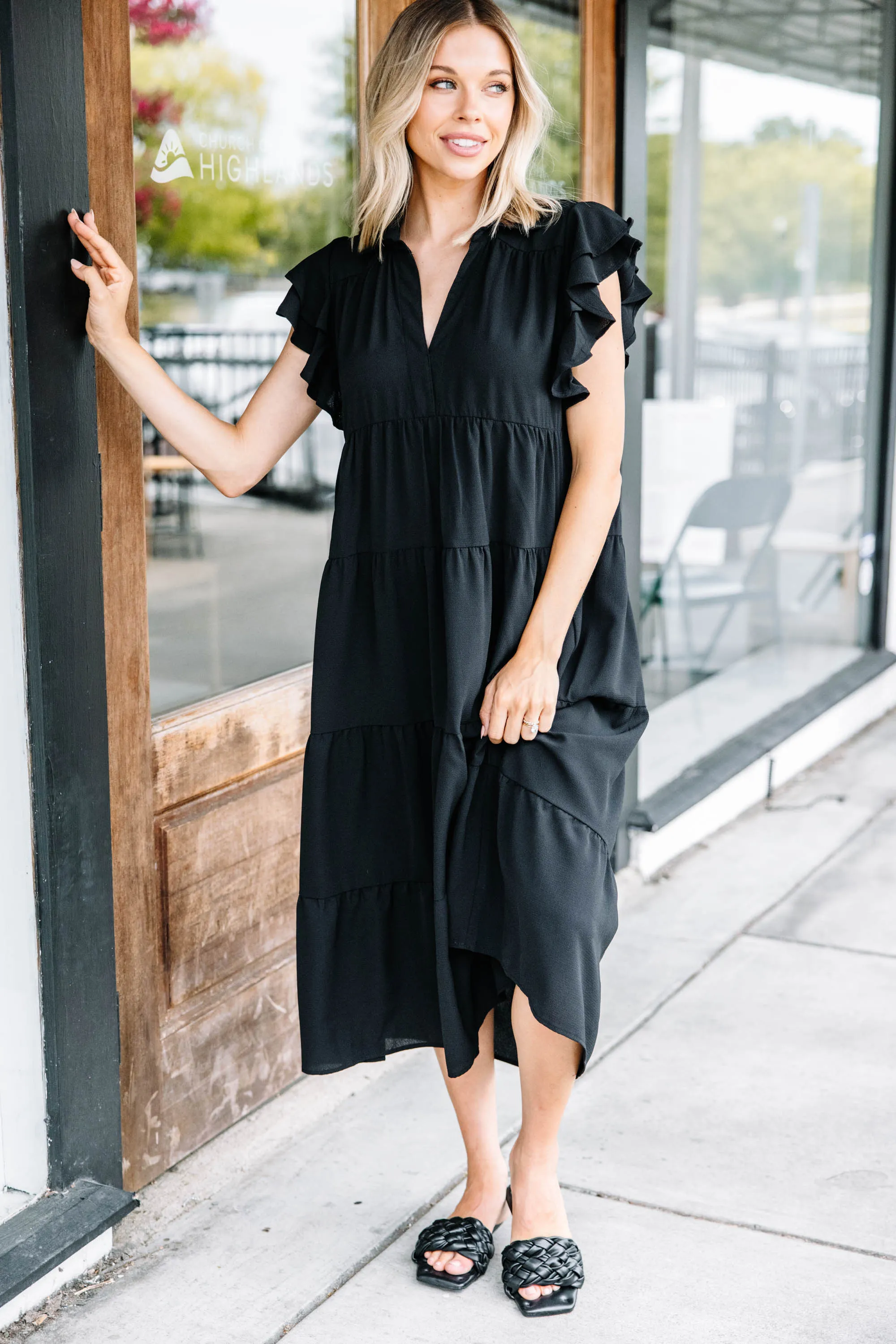 Look You Up Black Ruffled Midi Dress