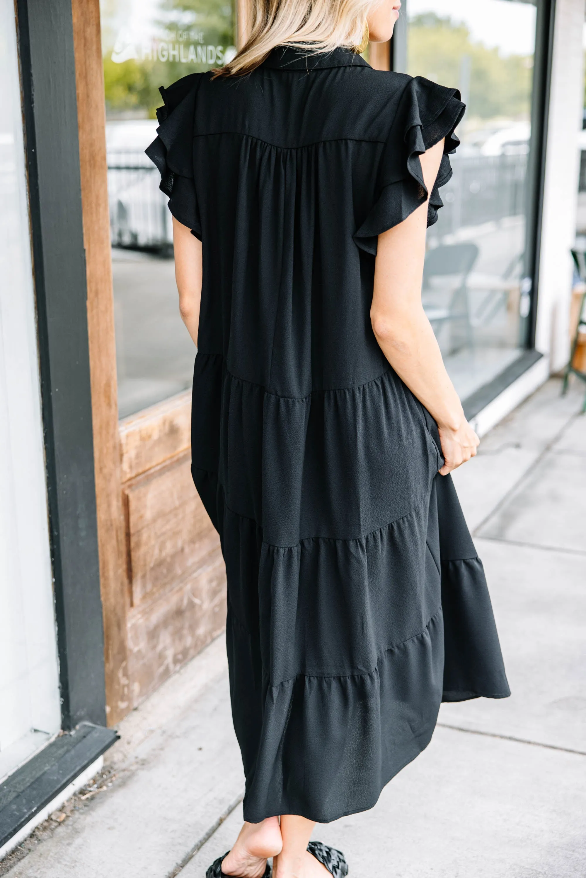 Look You Up Black Ruffled Midi Dress