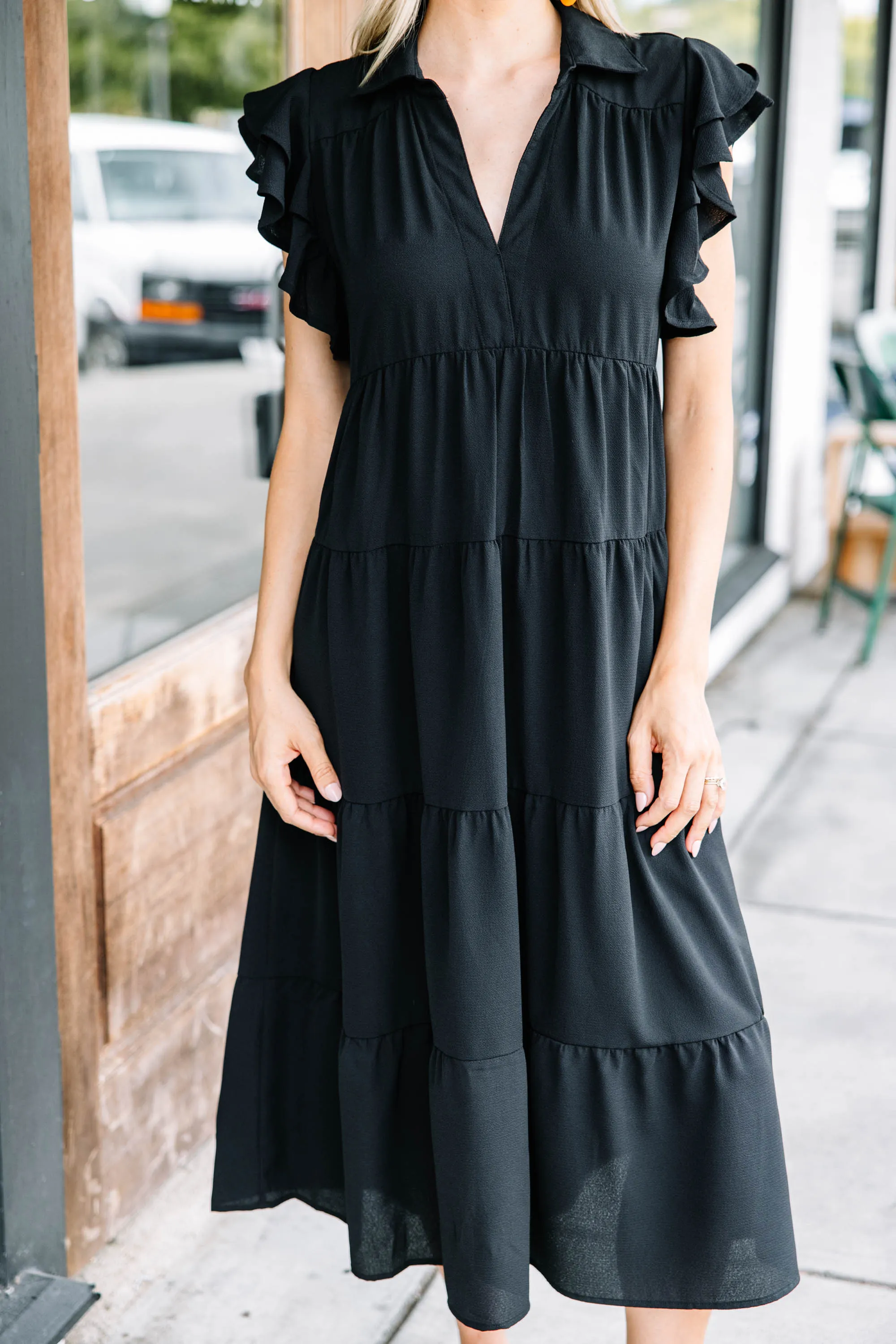 Look You Up Black Ruffled Midi Dress