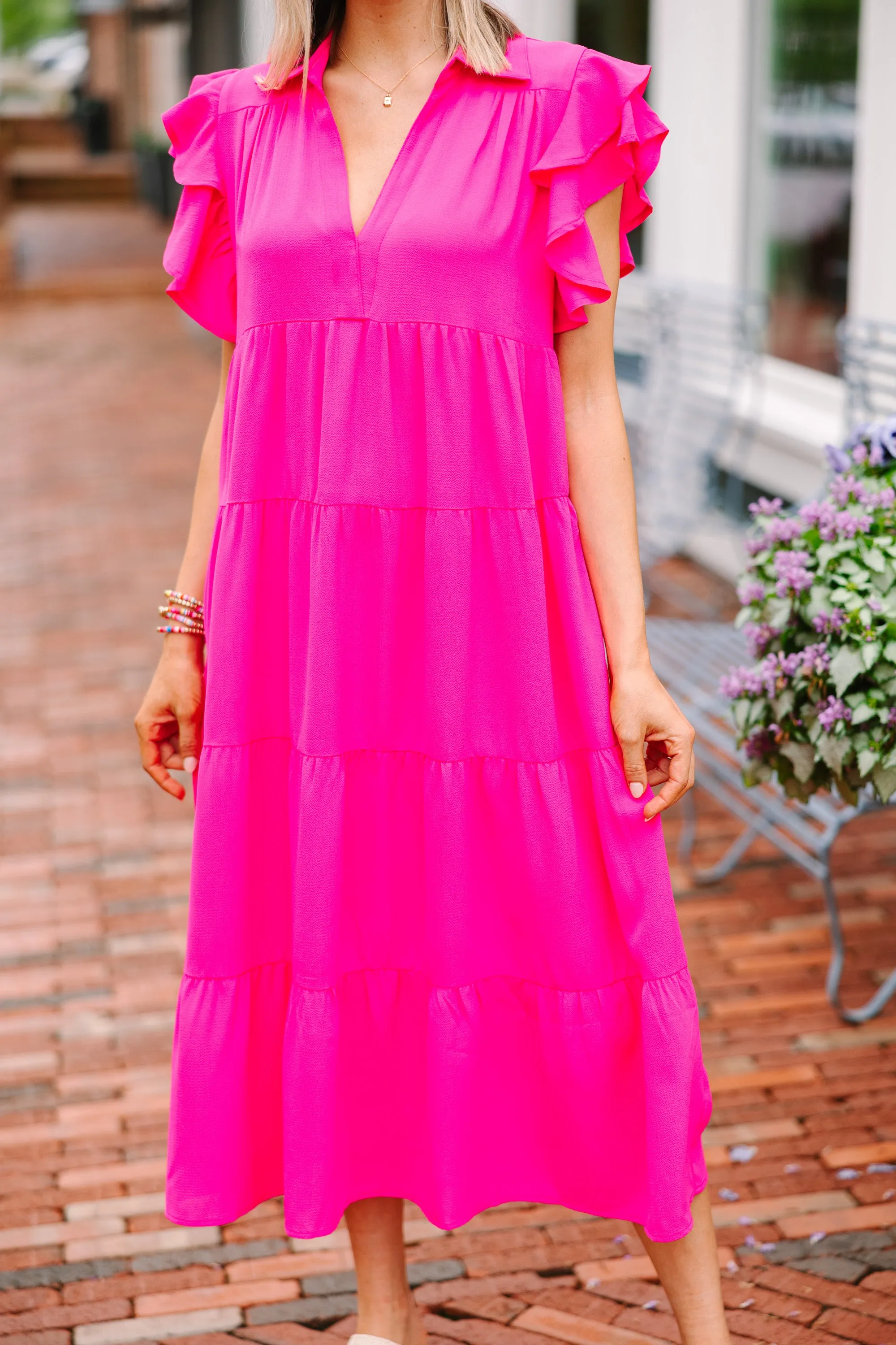 Look You Up Fuchsia Pink Ruffled Midi Dress