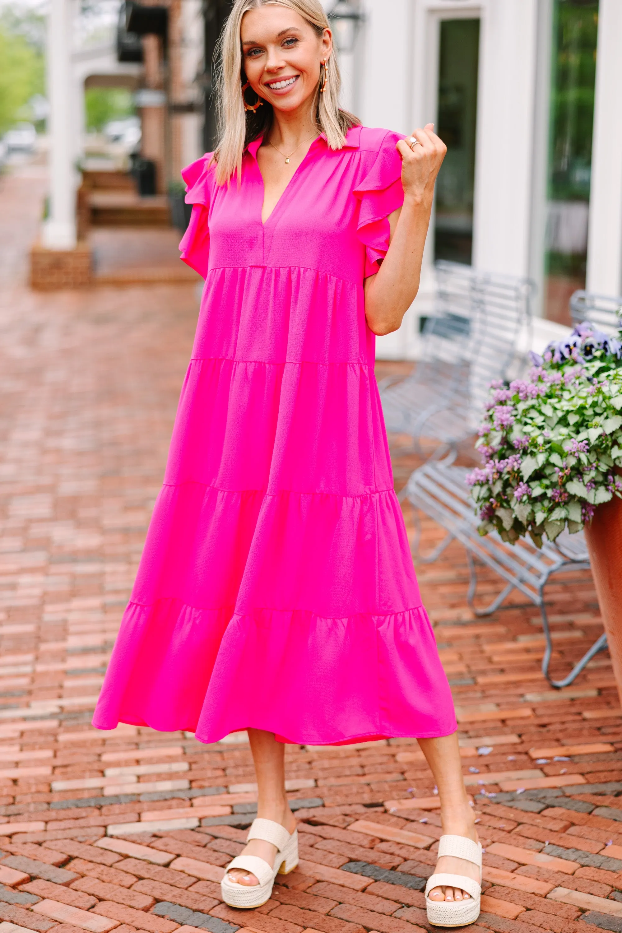 Look You Up Fuchsia Pink Ruffled Midi Dress