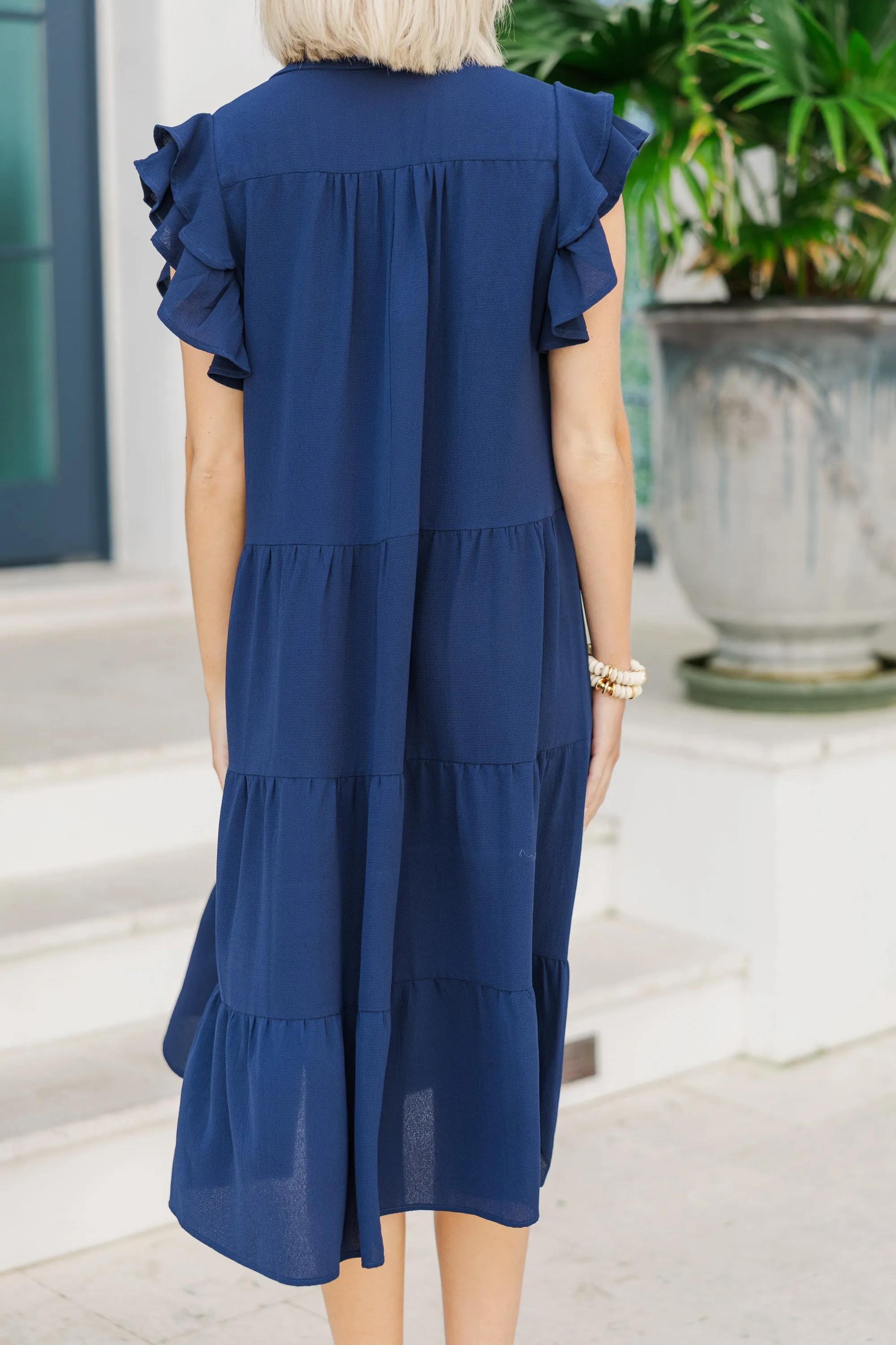 Look You Up Navy Blue Ruffled Midi Dress