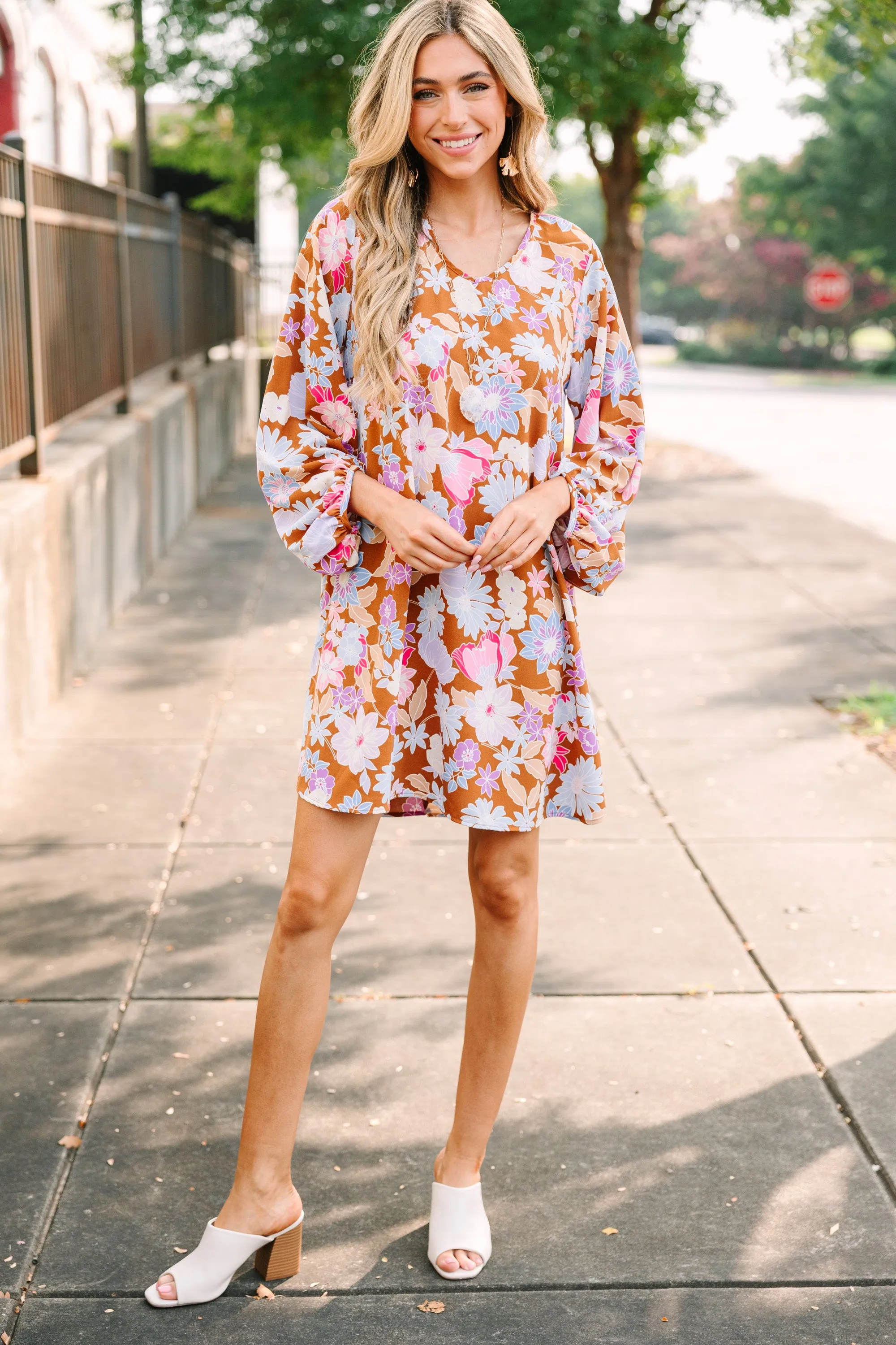 Loud And Clear Brown Floral Bubble Sleeve Dress