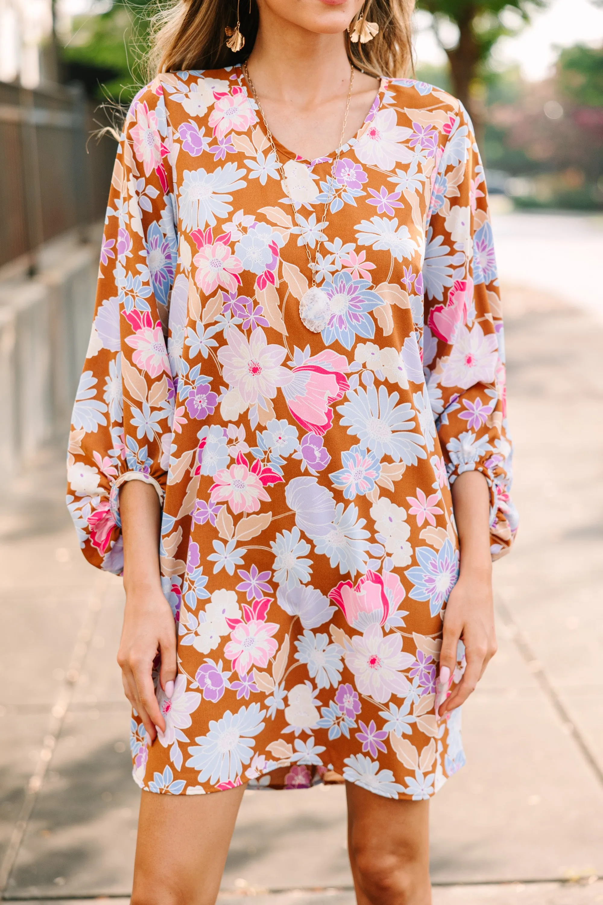 Loud And Clear Brown Floral Bubble Sleeve Dress
