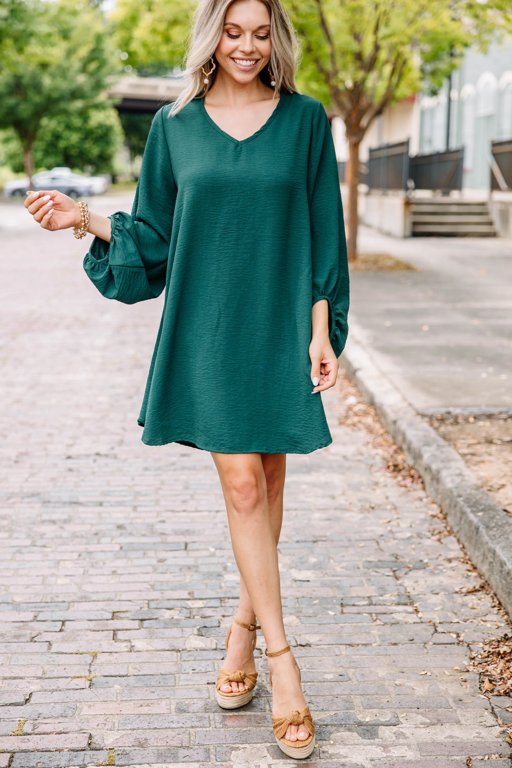 Loud And Clear Forest Green Bubble Sleeve Dress