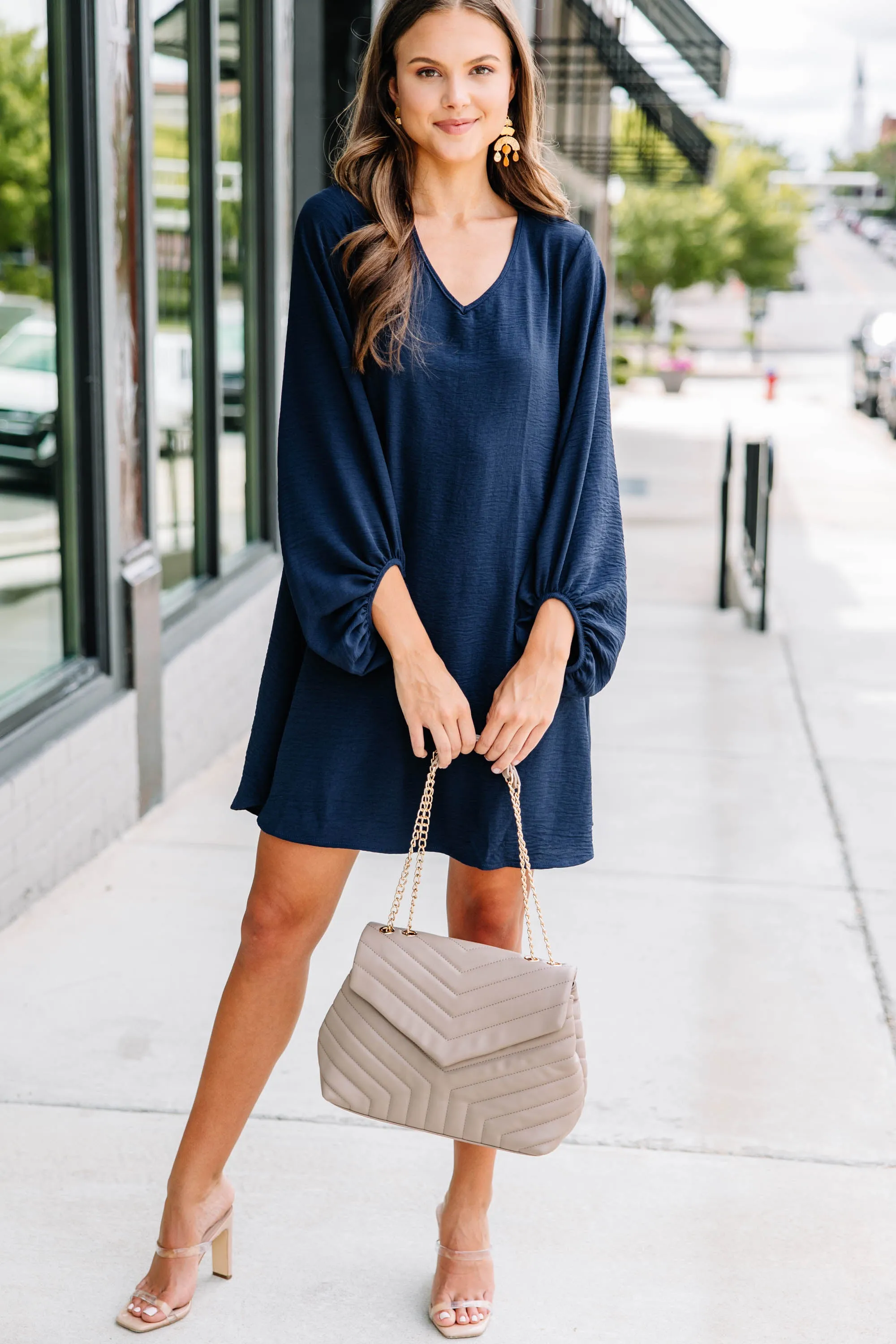 Loud And Clear Navy Blue Bubble Sleeve Dress