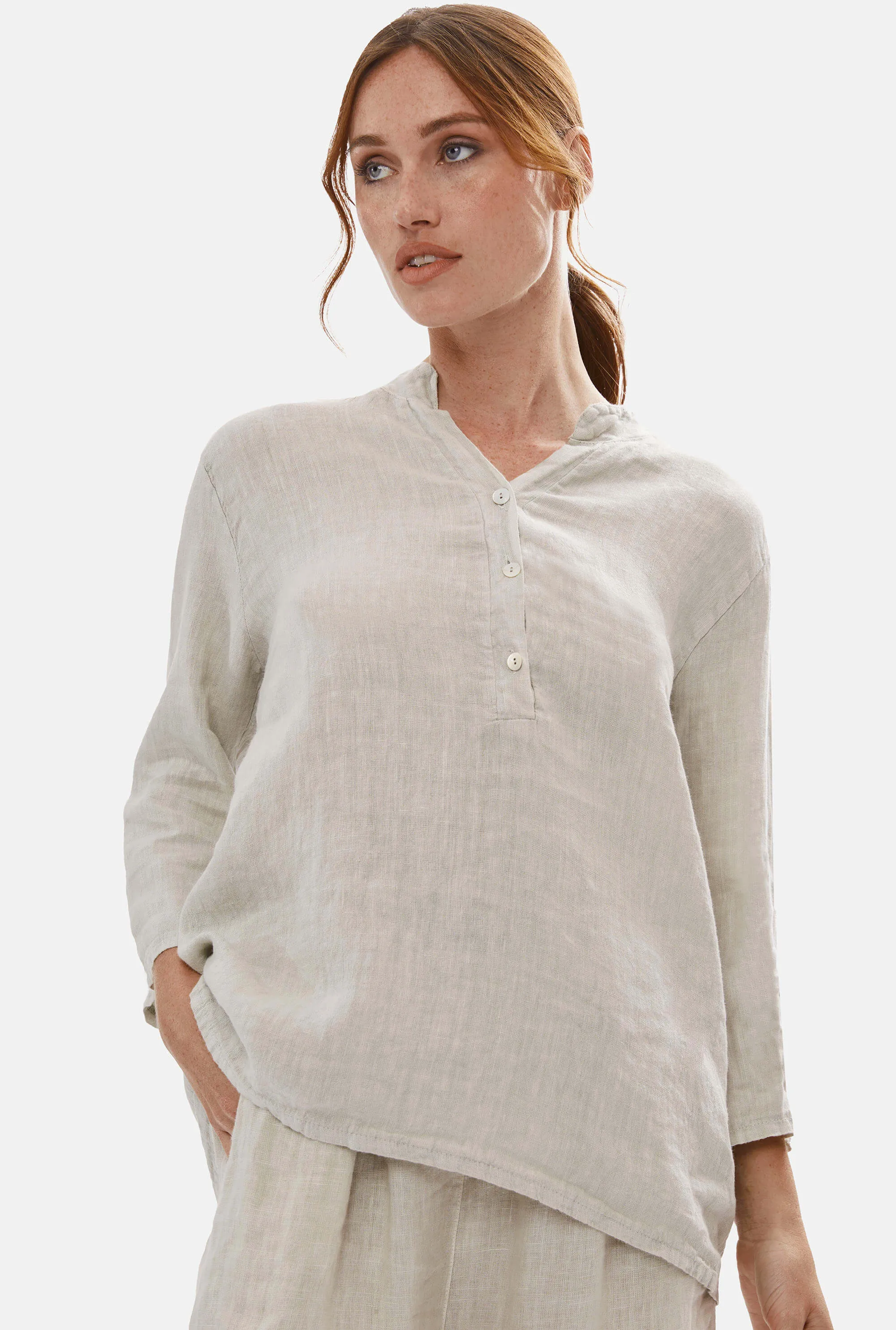 Mandarin Collar Linen Top