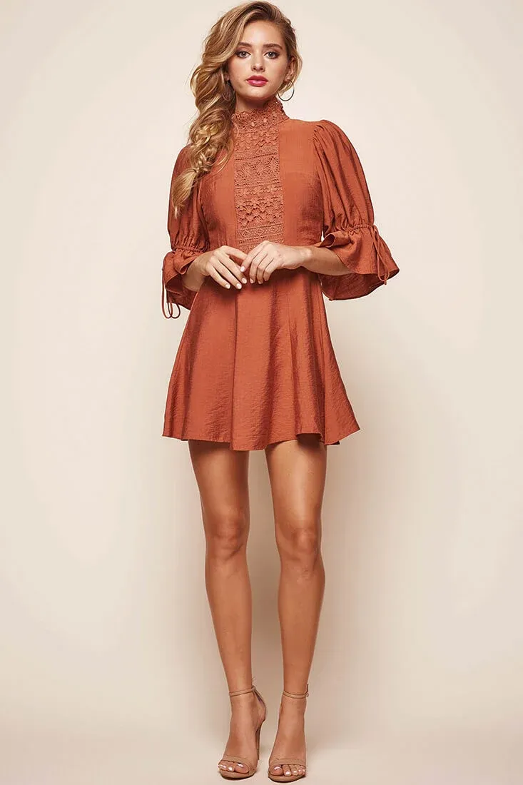 Martha High Neck Babydoll Dress Rust