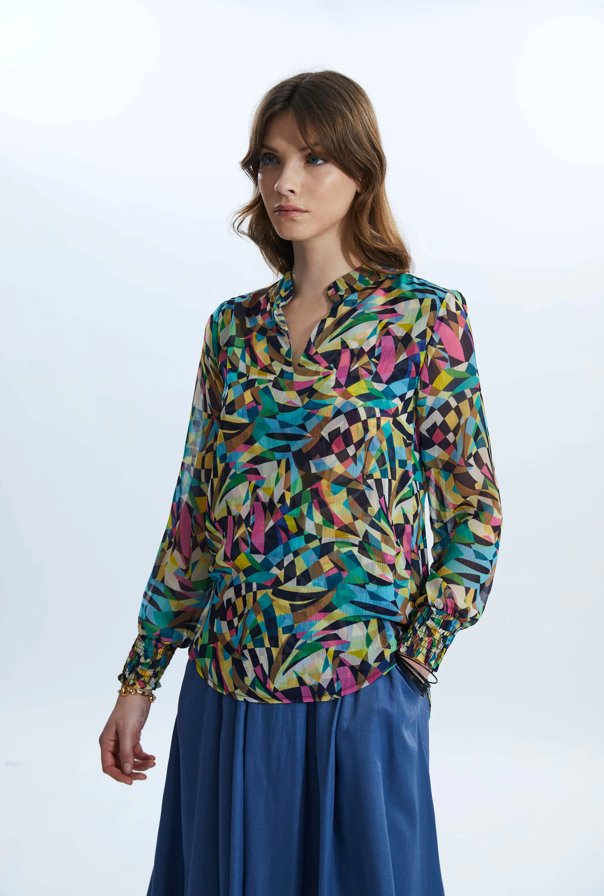 Print Mandarin Collar Blouse