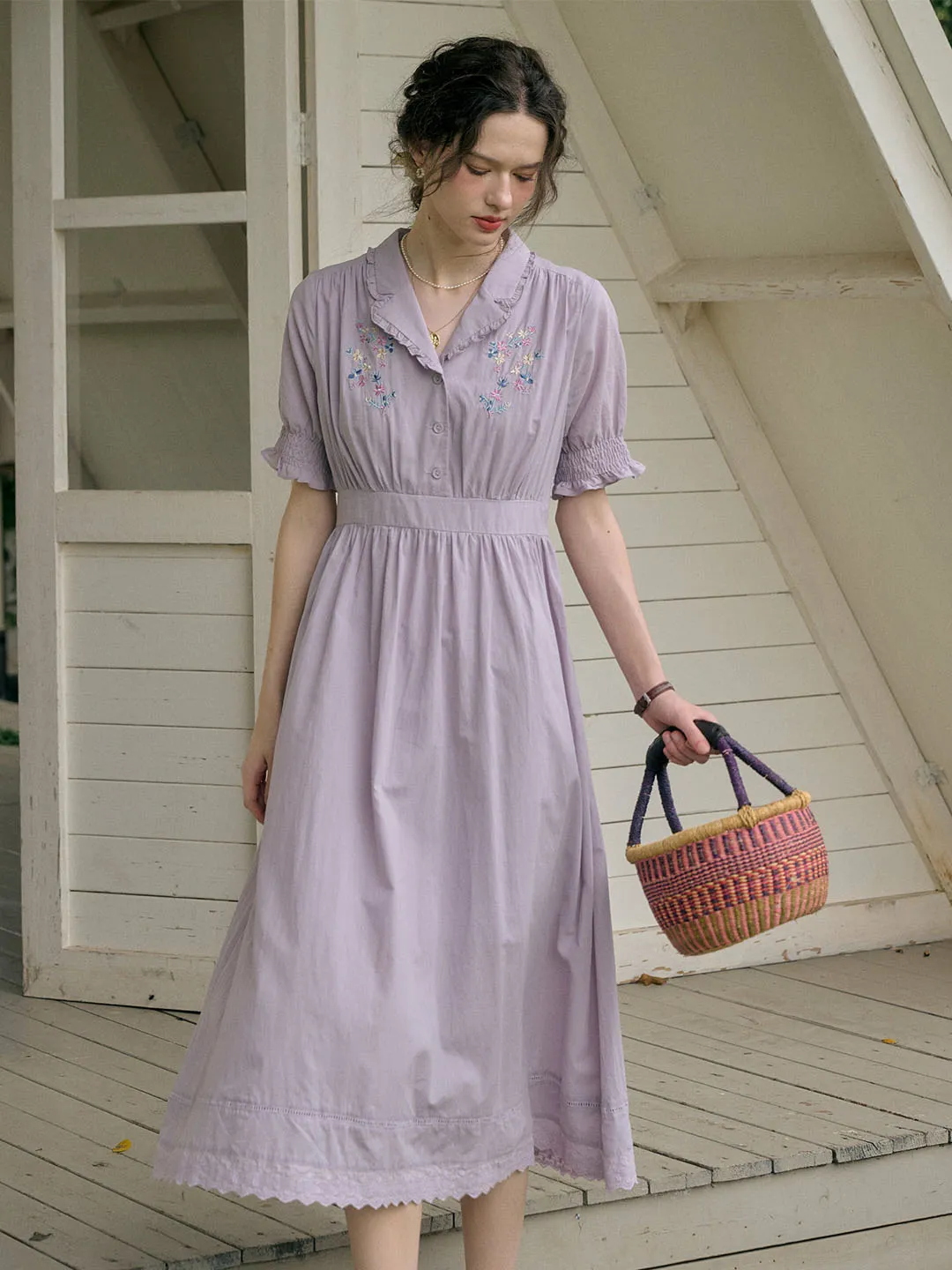 Roselyn Embroidered V  Neck Lapel Puff Sleeve Cotton High Waist Midi Dress