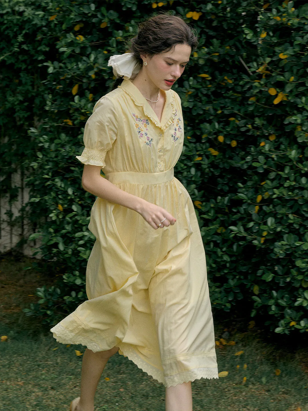 Roselyn Embroidered V  Neck Lapel Puff Sleeve Cotton High Waist Midi Dress