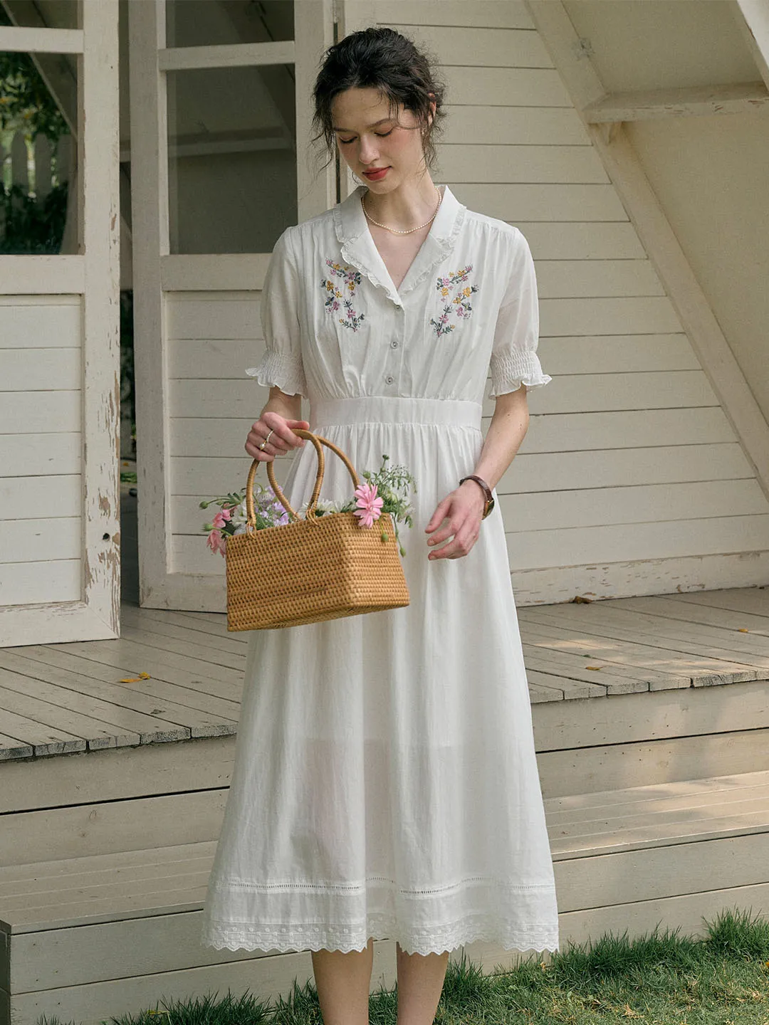 Roselyn Embroidered V  Neck Lapel Puff Sleeve Cotton High Waist Midi Dress