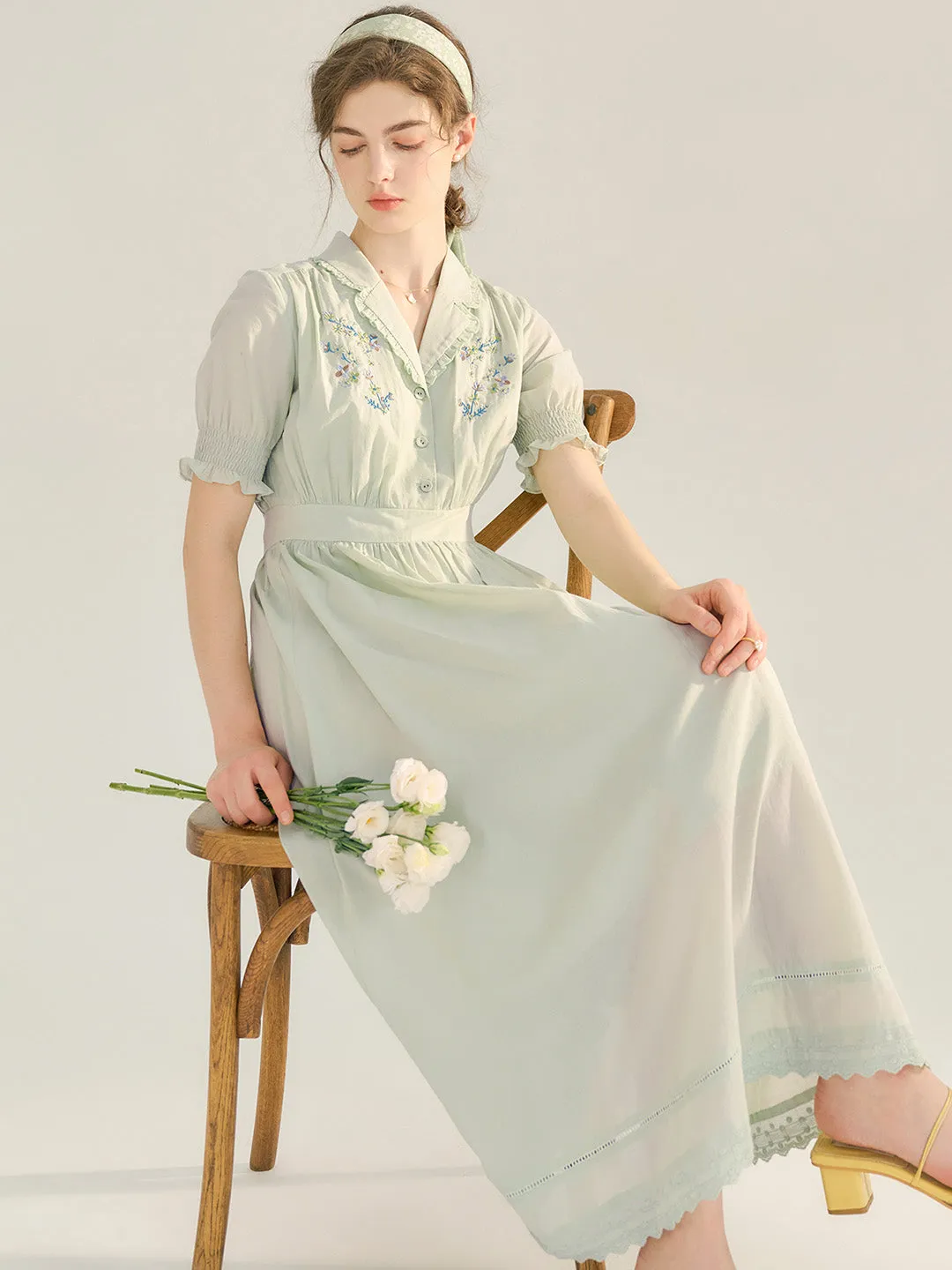 Roselyn Embroidered V  Neck Lapel Puff Sleeve Cotton High Waist Midi Dress
