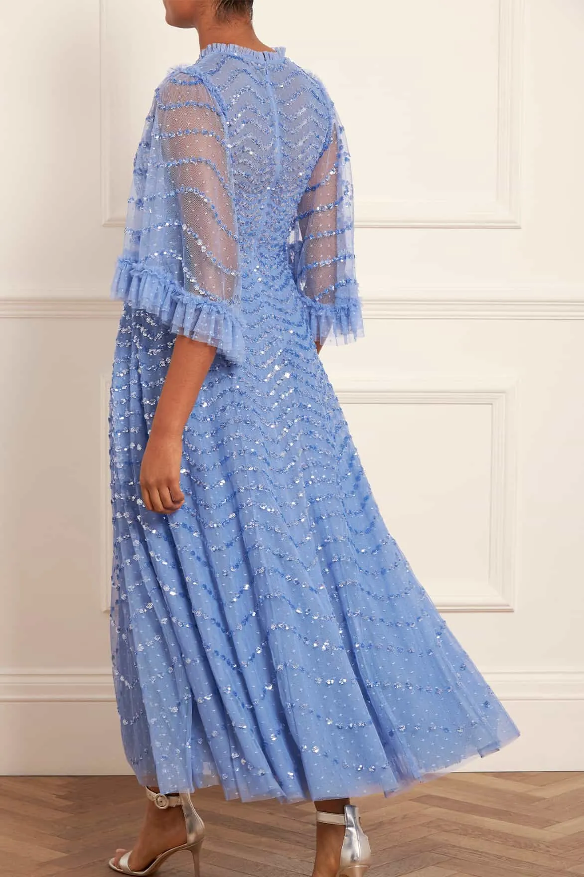 Shimmer Wave Gloss V-Neck Ankle Gown