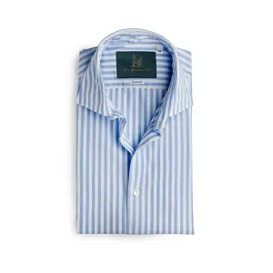 Spread Collar Cotton Shirt in White & Light Blue Bengal Stripes