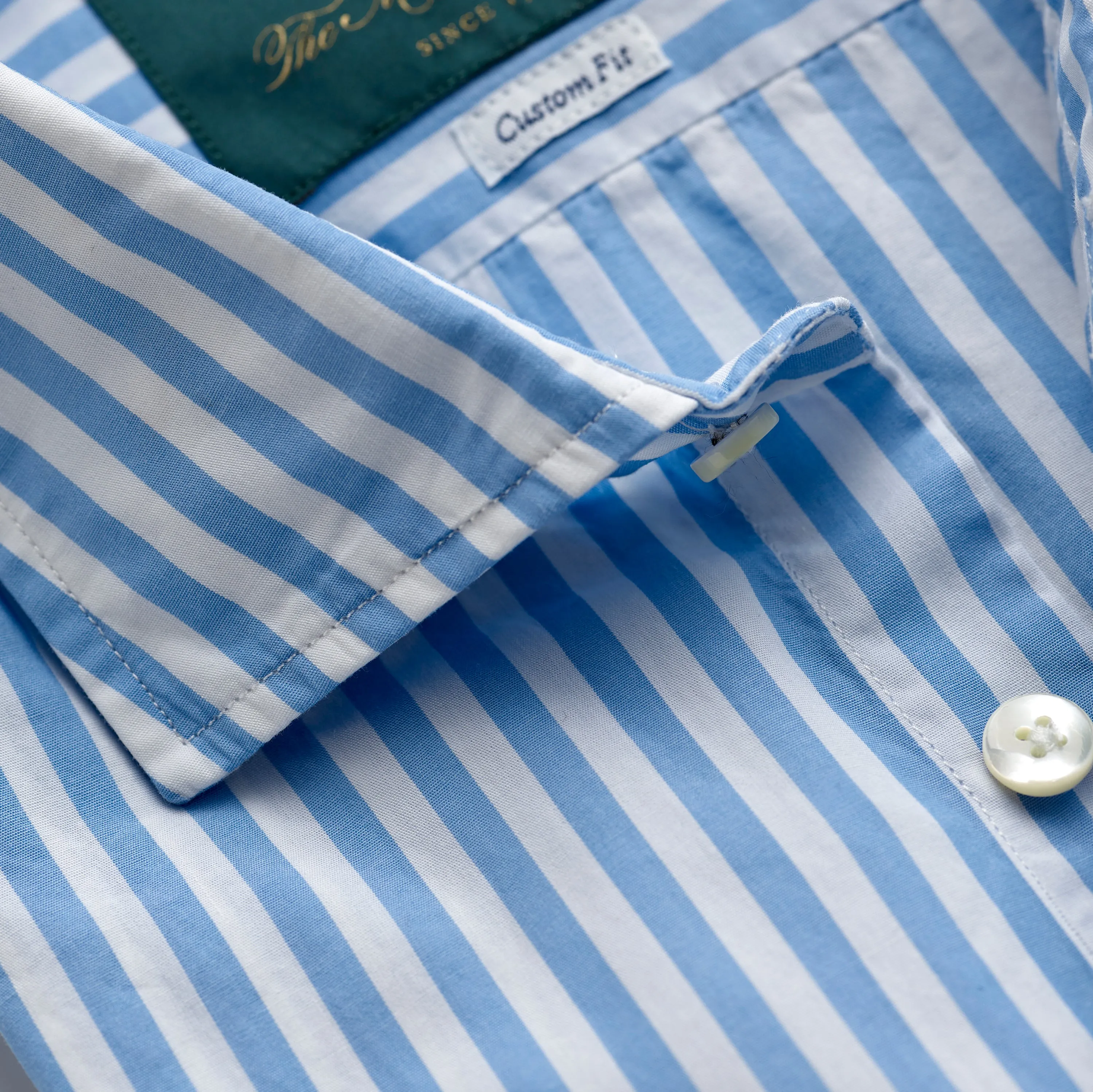 Spread Collar Cotton Shirt in White & Light Blue Bengal Stripes