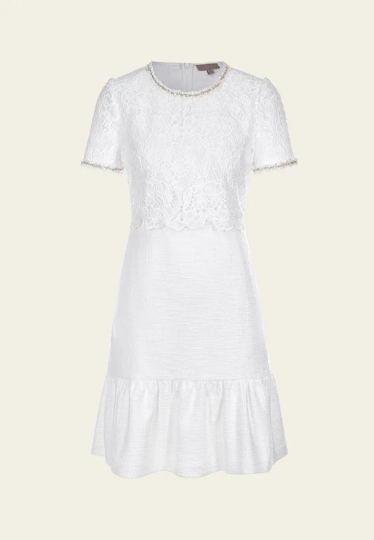 Tiered Lace-detail Frayed-detail Fishtail Dress