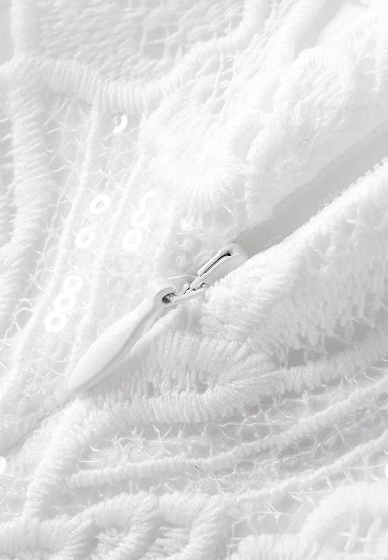 Tiered Lace-detail Frayed-detail Fishtail Dress