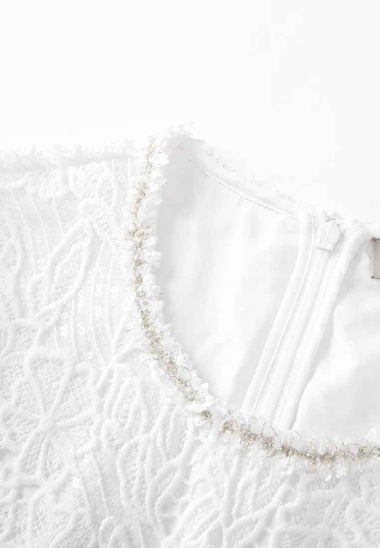 Tiered Lace-detail Frayed-detail Fishtail Dress