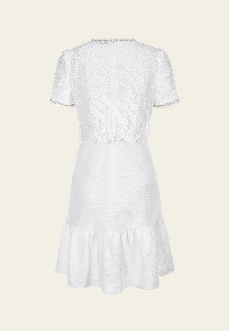 Tiered Lace-detail Frayed-detail Fishtail Dress