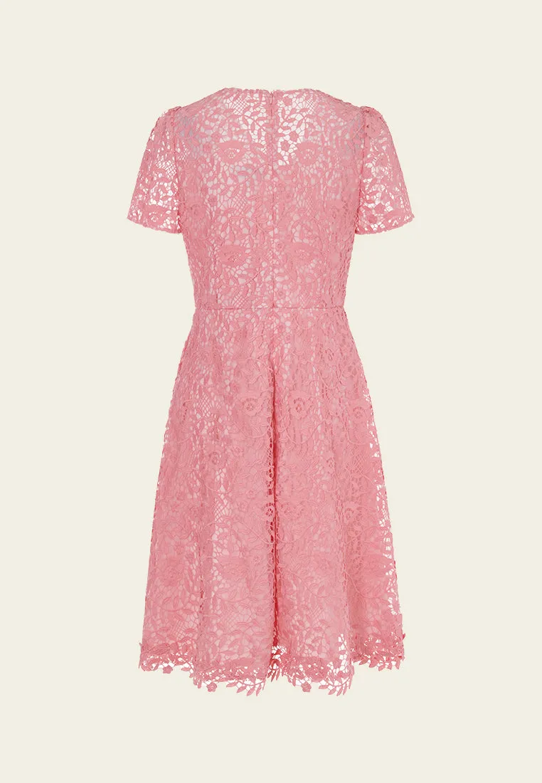 V-Neck Puff-sleeve Slim-cut Lace Dress