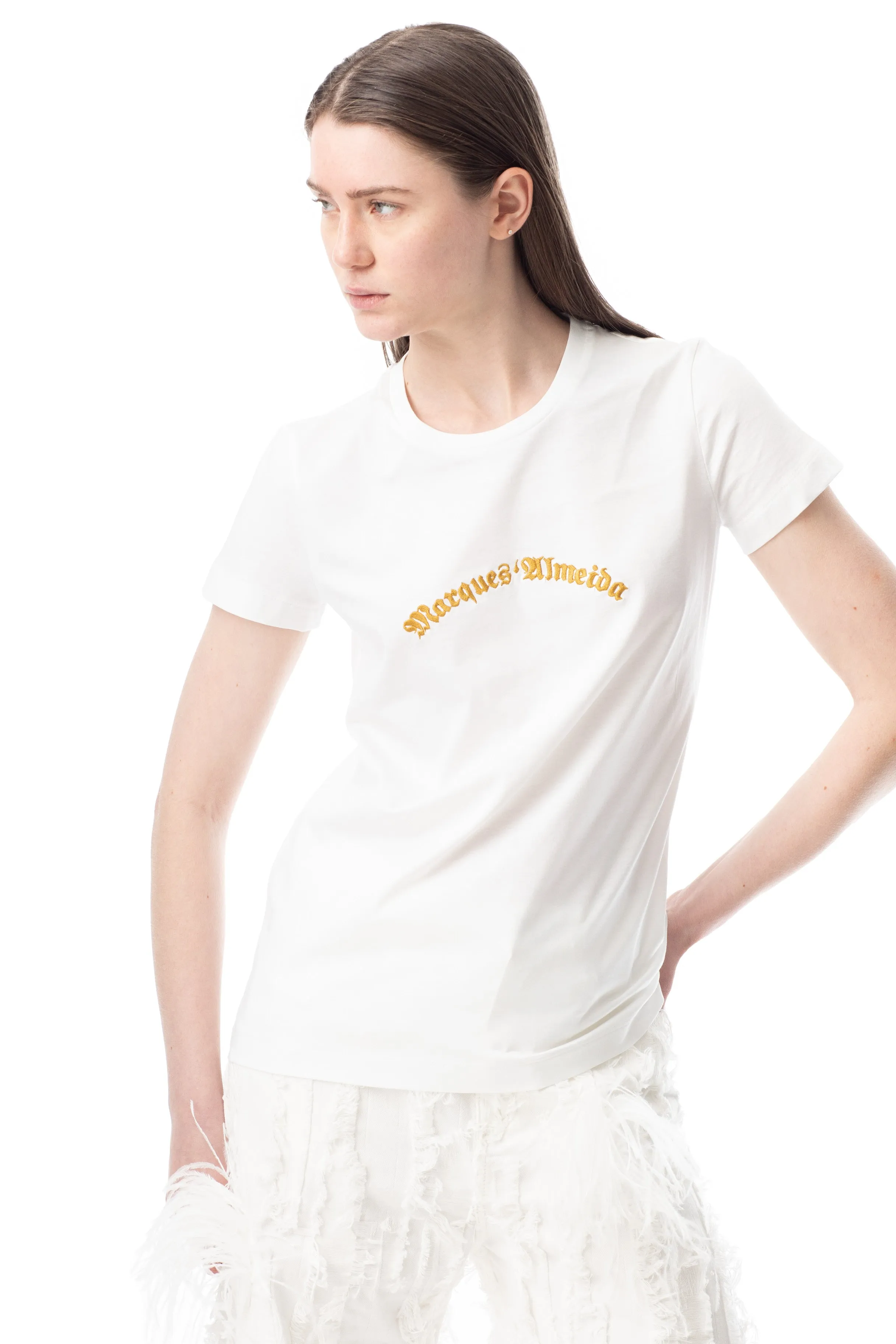 WHITE CAP SLEEVE T-SHIRT WITH GOLD LOGO