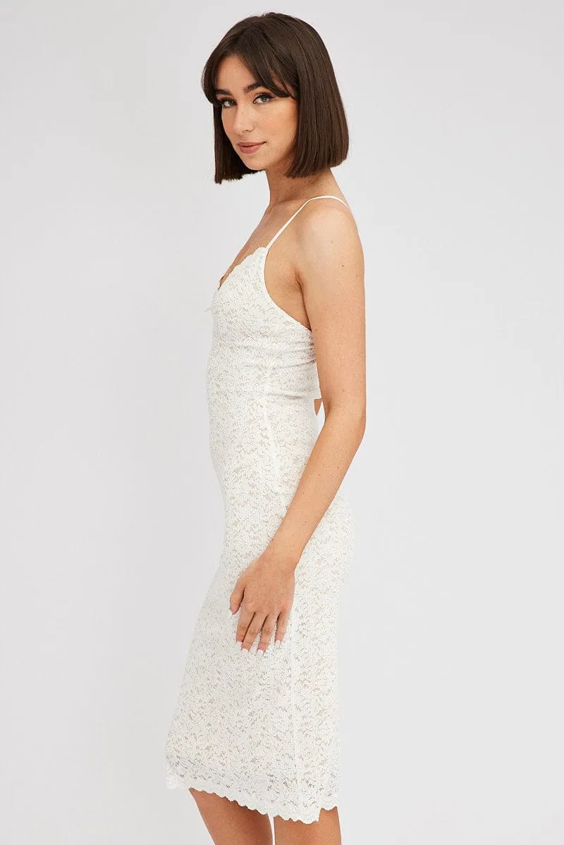 White Midi Dress Sleeveless V-Neck Bodycon Lace Stretch