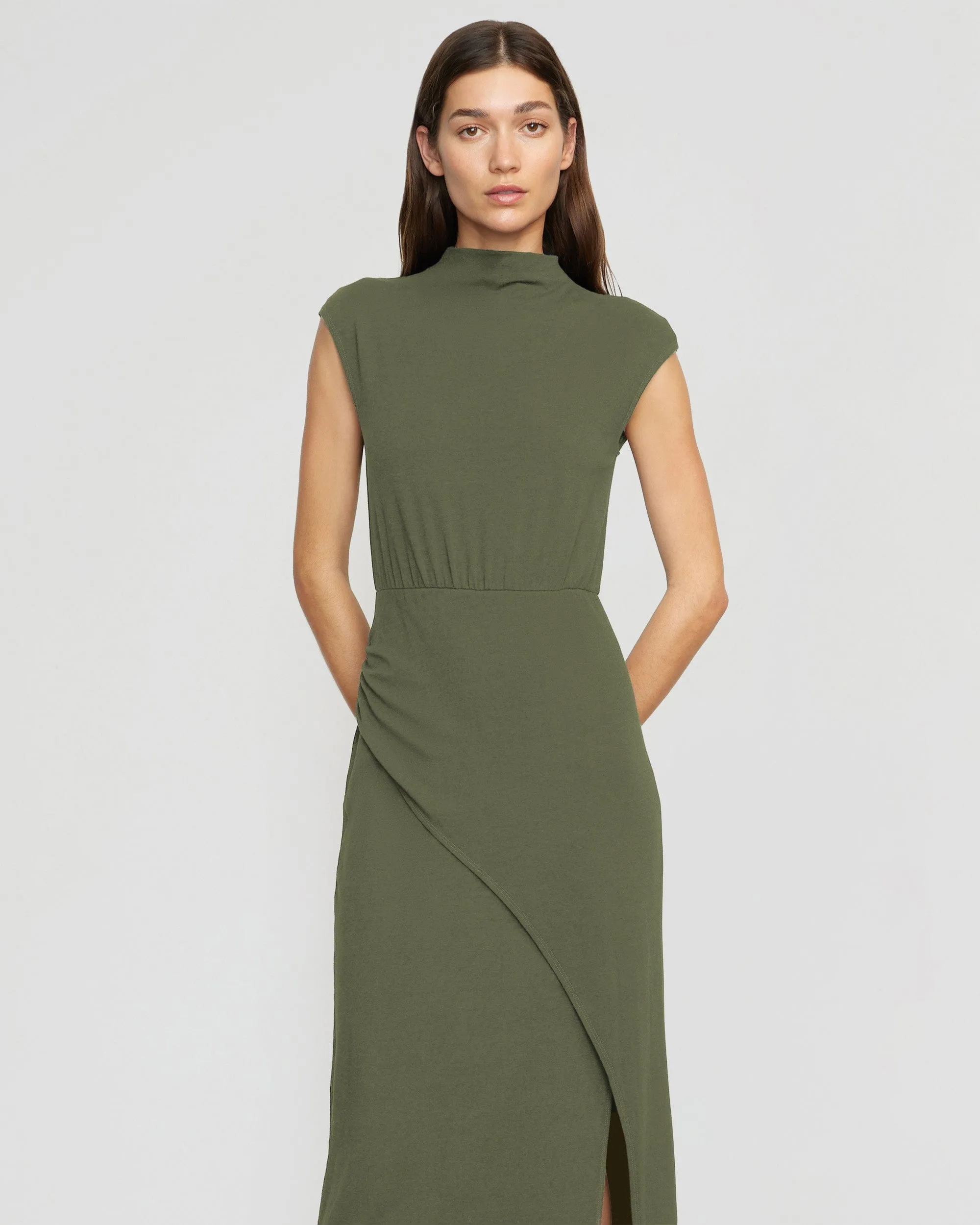 Yimei Mock-Neck Side-Slit Dress